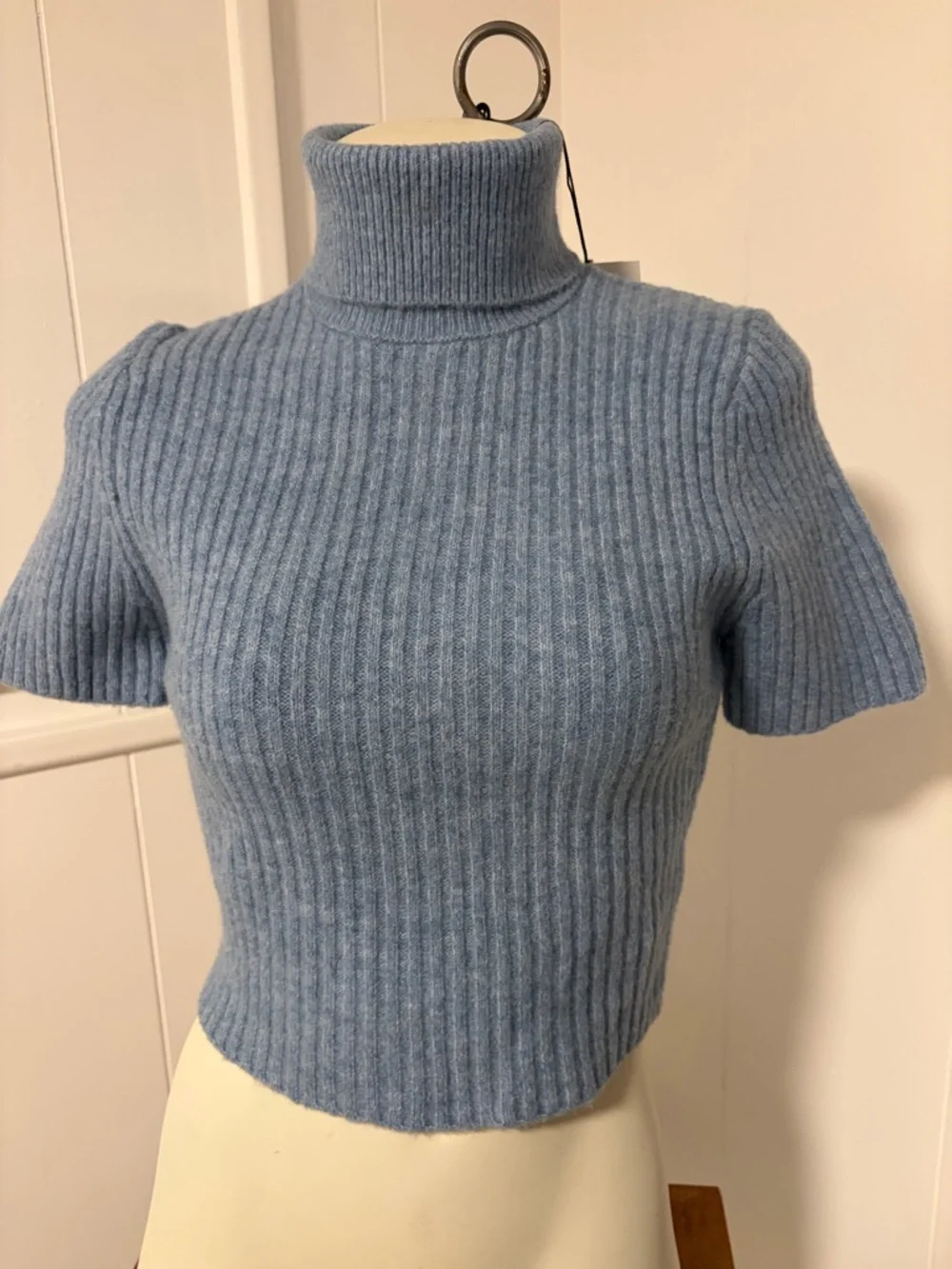Zara Turtleneck Ribbed Short-Sleeve Sweater - Light Blue - Picture 1 of 5
